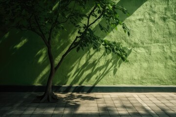 Background of a green wall with a tree shadow. Generative AI
