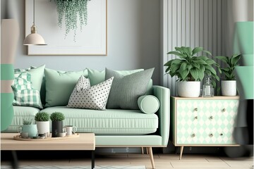 AI generated illustration of a modern living room in mint and white colors