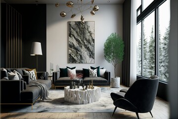 AI generated illustration of the interior of a modern sitting room with contemporary decorations