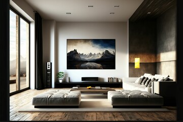 AI generated illustration of the interior of a modern sitting room with a big painting on the wall