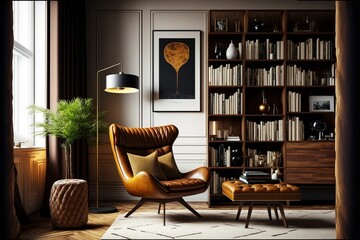 AI generated illustration of a cozy reading space, workspace with a bookcase and house plants