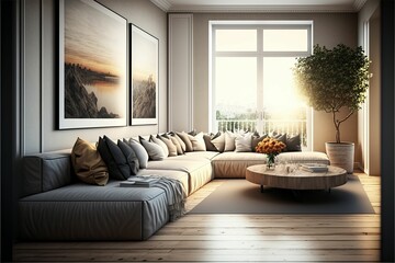AI generated illustration of the interior of a modern lounge room with a long sofa with pillows