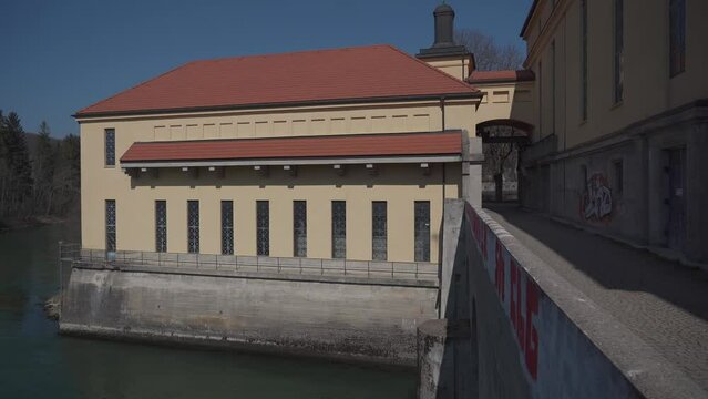 Kraftwerk Muhltal. Muhltal Isar hydropower plant. Stream power station on canal of Isar River near Munich, Germany. Wasserkraftwerk Muhltal. Laufwasserkraftwerk Munchen. Dam and dike on Izar River. 