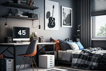 AI generated illustration of a cool hip bedroom interior design for boys