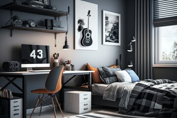 AI generated illustration of a cool hip bedroom interior design for boys