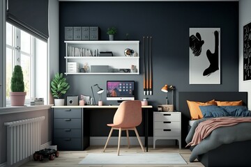 AI generated illustration of a cool hip bedroom interior design with furniture and tech