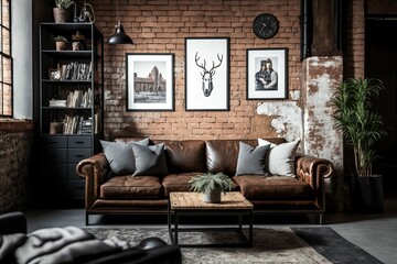 AI generated illustration of a rustic living room interior with a leather sofa and a brick wall