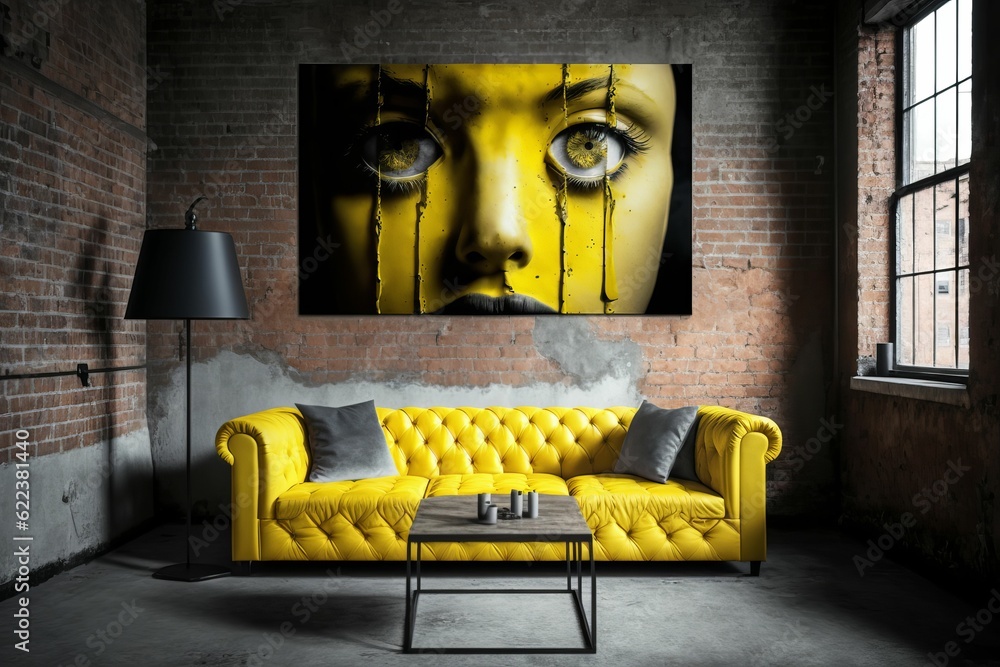 Sticker AI generated illustration of a rustic room interior with a yellow leather sofa and a brick wall