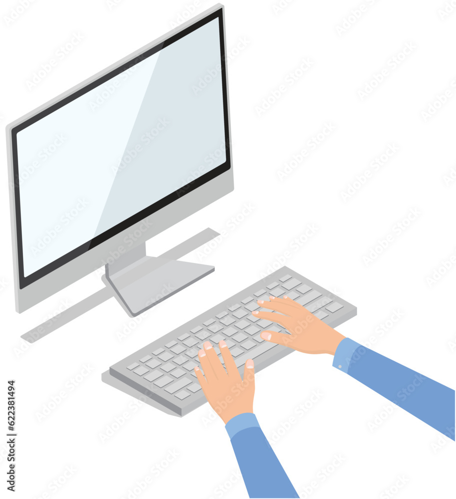 Poster hands in work at laptop keyboard with white empty page on monitor screen at table. work place at hom