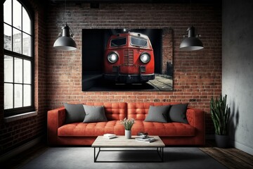 AI generated illustration of a cool rustic interior design with an orange sofa and a painting