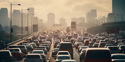 Viele Autos auf breiter großer Straße sind im Stau im Smog, ai generativ