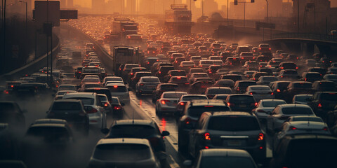 Viele Autos auf breiter großer Straße sind im Stau im Smog, ai generativ - obrazy, fototapety, plakaty