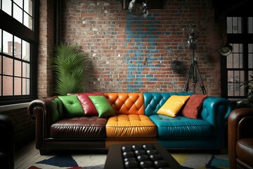 AI generated illustration of a rustic room interior with a colorful leather sofa and a brick wall