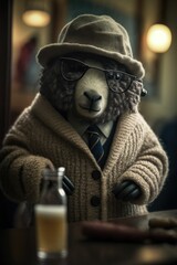 AI-generated illustration of a bear in human clothes in a bar.