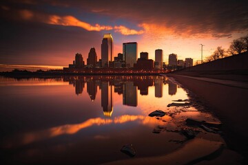 Fototapeta premium AI generated illustration of skyscrapers by a lake reflecting on its surface at sunset