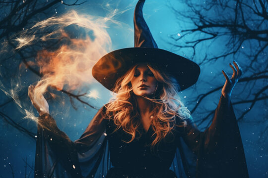 mysterious fantasy witch wearing a traditional witches hat