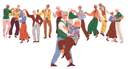 Old people dancing. Vector illustration. Funny elderly couple dancing. Elderly people romantic loving relations. Grandfather grandmother celebrating wedding anniversary. Happy old man woman embracing