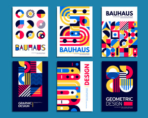 Abstract geometric patterns, bauhaus posters and simple graphic shapes backgrounds set. Vector color circles, squares, triangles and wavy lines, dots and arcs, creative geometric banners and flyers