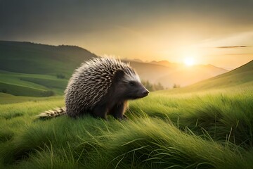 porcupine in the green field  generated Ai technology - obrazy, fototapety, plakaty