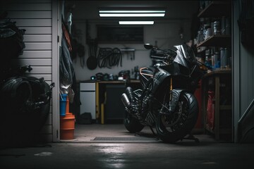 AI-generated black motorcycle parked in a dark garage. - Powered by Adobe