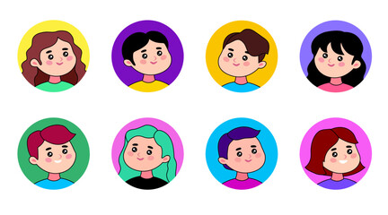 Set of different people avatars, user portraits. Male and female characters faces.  Vector flat cartoon style illustration isolated on white background
