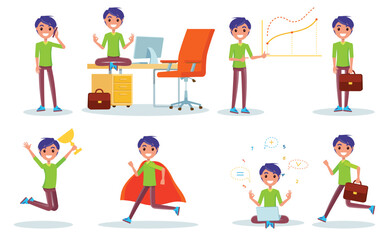 Fototapeta premium Set of student boy in different poses doing educational activities. College teenager pupil daily life, studying and preparing for school lesson, rest and relaxation, joy and success superhero