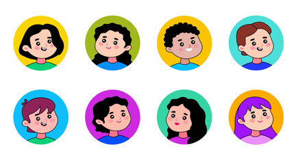 Happy young men and women avatar collection. Male and female characters faces.  Vector flat cartoon style illustration isolated on white background