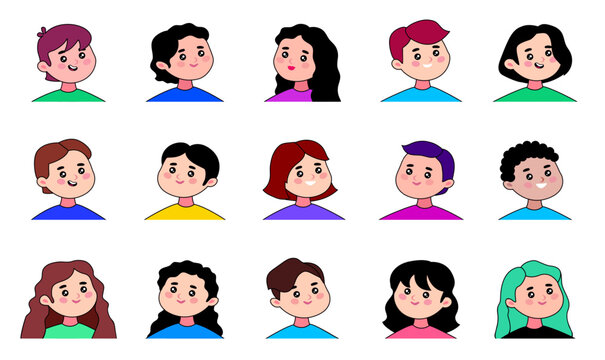 Collection of happy men and women avatars, user portraits. Male and female characters faces set. Vector flat cartoon style illustration isolated, on white background