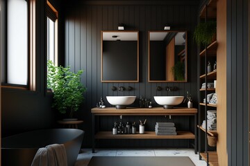 AI generated illustration of a bathroom with modern black and white fixtures