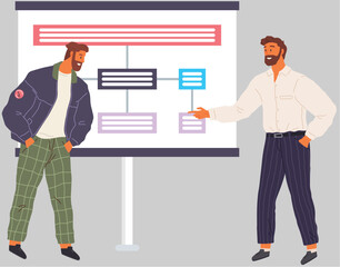 Business people team project strategy planning meeting. Businessman showing and explaining to his colleague plan diagram on white board. Two men discussing business issues, talking about report