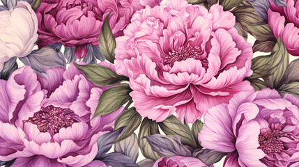 Peony watercolor floral pattern featuring a variety of purple and pink flowers.
