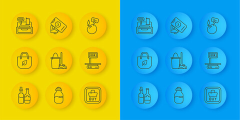 Set line Whiskey bottle, Shopping bag with recycle, Mop and bucket, Buy button, Electronic scales, Cash register machine, Supermarket food products price label and POS terminal icon. Vector