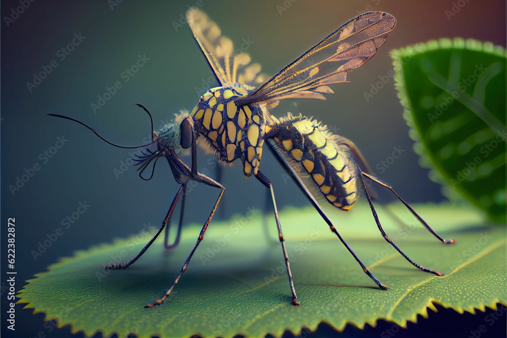 Poster AI generated illustration of a close-up yellow mosquito perched on a green leaf