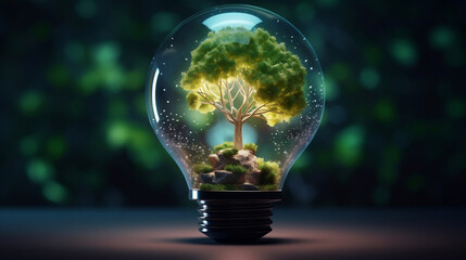 Light bulb with green tree inside with energy resources icon. Electricity and energy saving concept. Sustainable development, ecology and environment protect, Earth day, Generative Ai