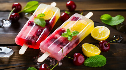 lemon and cherry popsicles homemade on ice glass wooden background, Generative Ai