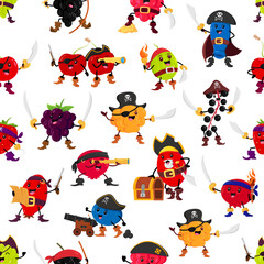 Cartoon funny berry pirate and corsair characters seamless pattern. Vector background with blueberry, cranberry, honey berry and birds cherry. Strawberry, rosehip, blackberry or gooseberry filibusters