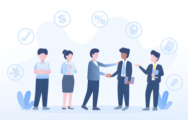 Business ideas concept. Business people meeting and handshake for deal contract agreement. Strategy management, marketing plan, problem-solving, creative ideas. Achieves goals and grows. 