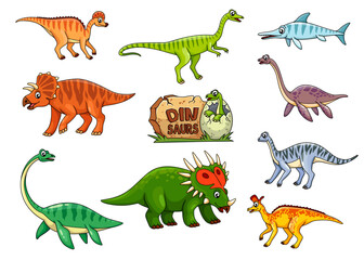Cartoon dinosaur characters or Jurassic dino reptiles and lizards, vector kid toys. Cute dinosaur characters monsters and funny cheerful dino baby hatching from egg, arrhinoceraptors and ichthyosaurus