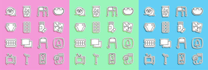 Set line Socks, Emergency phone call, Domino, Walker, Pills blister pack, Adult diaper, Grandfather and Medicine bottle pills icon. Vector