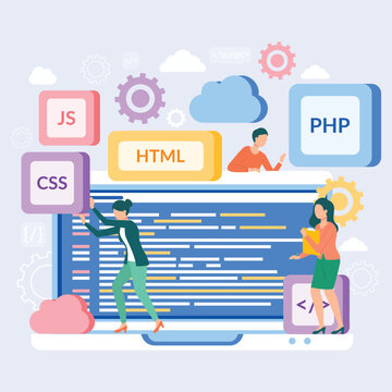 PHP and HTML development concept. Software website developer with computer, programmer service, open source general purpose programming language. Scripting web applications allows to create programs