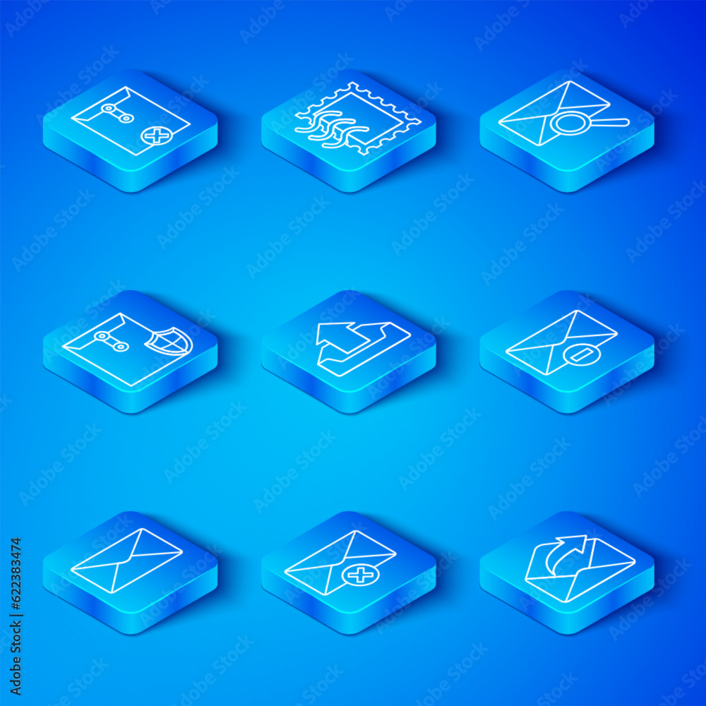 Poster set line envelope, upload inbox, delete envelope, with magnifying glass, shield, and outgoing mail i