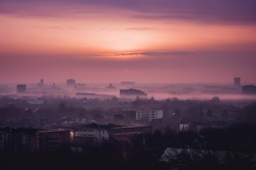 Fototapeta na wymiar AI generated illustration of A city skyline during sunset, illuminated by a dense fog