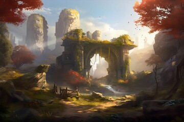 AI generated illustration of a wooded area with a variety of trees and rocks in the background