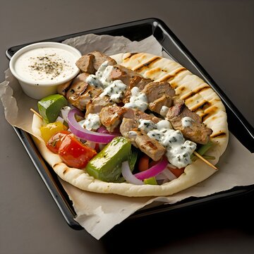 AI generated digital art of a Greek pork skewer chef proposal