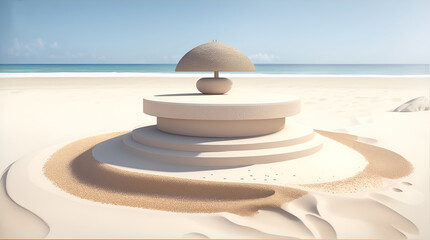 Fototapeta na wymiar Empty rounded wooden podium product display on white sand beach over the ocean