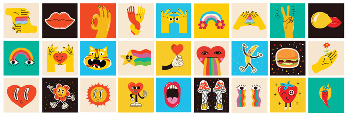 70's groovy square posters, cards or stickers. Retro print with hippie cute colorful funky character concepts of crazy geometric, dripping emoticon. Only good vibes sentence