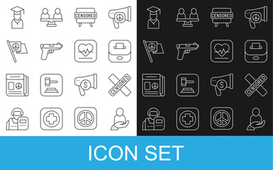 Set line Life insurance in hand, Censored stamp, Vote box, Pistol gun, Peace, Graduate graduation cap and Heart rate icon. Vector