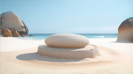 Obraz na płótnie Canvas Empty rounded wooden podium product display on white sand beach over the ocean