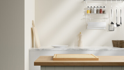 Kitchen cozy wooden table countertop and kitchen board on the blurred kitchen home interior background, place for product display and design.