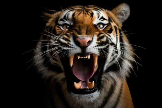 AI generated illustration of a roaring Bengal tiger isolated on a black background